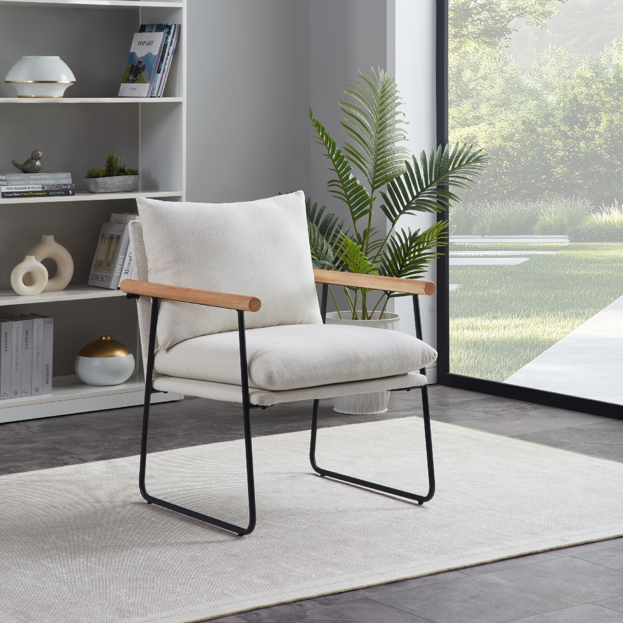 Modern Accent Chair, Comfy Chair With Removable Cushion, Vanity Chair With Wood Armrests For Living Room, Bedroom, White_voghion.com